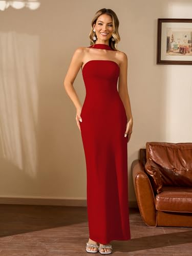 Image of HTZMO Women Elegant Summer Bodycon Maxi Dress Halter Neck Formal Wedding Guest Cocktail Party Long Dresses