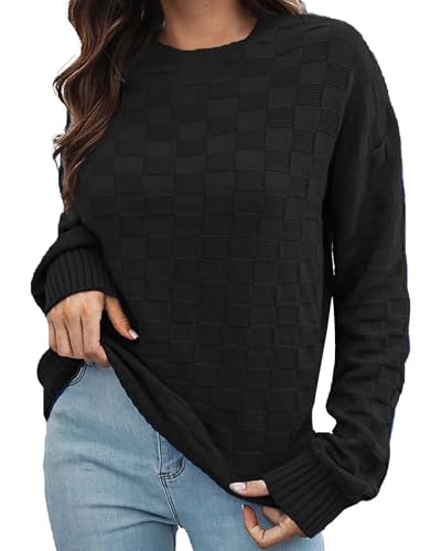 JFAN Jersey Mujer Cuello Redondo Jersey Punto Mujer Invierno Manga Larga Pullover Oversize SuéTer para Mujer(Negro,L)