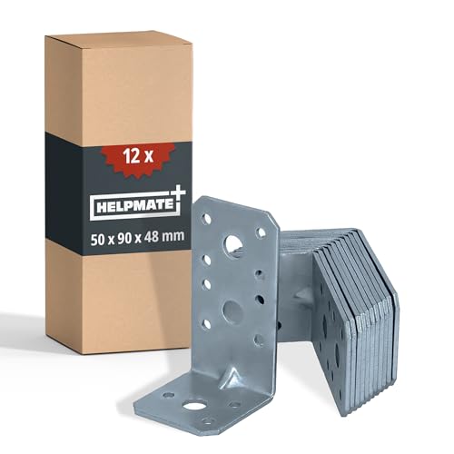 HELPMATE Lot de 12 connecteurs d'angle avec nervure 50 x 90 x 48 mm, galvanisé, passivé bleu, connecteur en bois, argenté