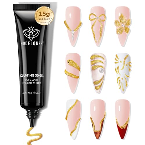 Image of modelones Gold 3D Gel Nail Art, 15g Metallic Sculpting Gel for Molding Painting Carving Nail Design Charms & Gems Glue Decoration No Wipe U V Home Salon DIY Manicure