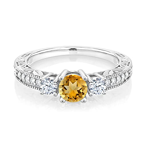 Gem Stone King 1.08 Cttw Round Yellow Citrine 925 Sterling Silver Engagement Ring for Women | Gemstone Birthstone | Available In Size 5, 6, 7, 8, 9