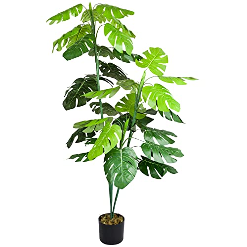 Decovego Monstera Fensterblatt Kunstpflanze Künstliche Pflanze 140 cm Kunstblume Innendekoration Kunst Pflanze wie echt im Topf Cover