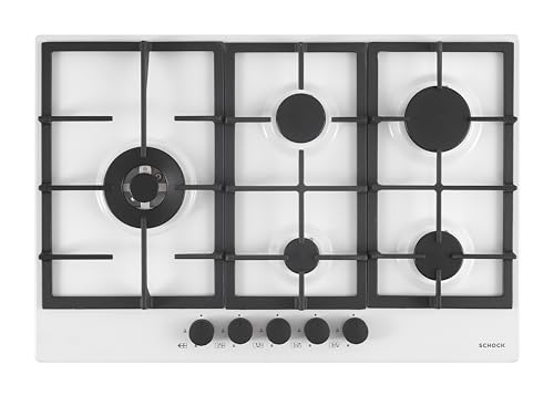 SCHOCK | Piano Cottura 5 Fuochi Gas Professional PC75 con Manopole Nere Opache Soft Touch, Griglie in Ghisa, Valvole di Sicurezza, Bianco Opaco, 740x500 mm
