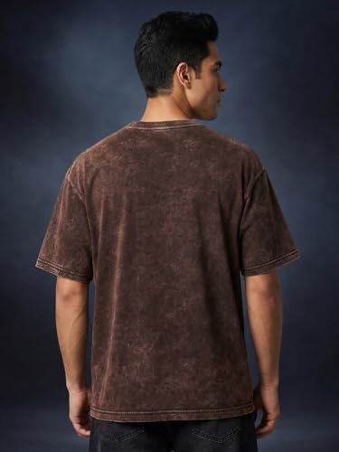 Image of Veirdo Heavy GSM Pure Cotton Acid Wash Print Round Neck Half Sleeve Oversized Fit Drop Shoulder T-Shirt for Men (Colors: Black, Navy, Green & Brown)