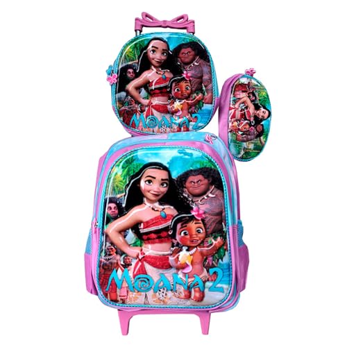 Kit Mochila Escolar de Personagem em 3D Menina com Rodinhas + Lancheira Térmica + Estojo Escolar em Alto Relevo Moan