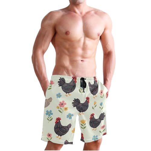 Men's Swim Trunks Quick Dry Swimming Shorts with Pocket Chicken Flowers on Light Swimsuit Trunks3
