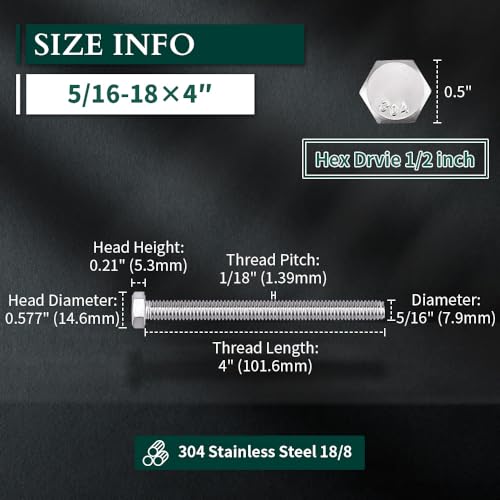 Image of 5 /16-18 x 4 inch Hex Head Bolts Screws, 304 Stainless Steel 18-8, Fully Threaded, Hexagon Head Cap Bolts Screws, Coarse Thread UNC, 10 PCS