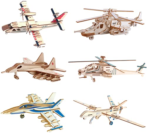 3D Wooden Puzzle - 6 Piece Set Aircraft & Helicopter Wooden Crafts Assembly Building Model Kits -...