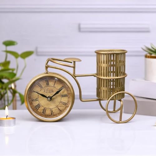 Image of Cycle Pen Stand - Golden Metal Showpiece with Clock and Pen Stand
