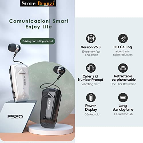 Fineblue F520 - Auricolari Bluetooth Smartphone Con Clip - Filo Retrattile In Ear - Avviso a Vibrazione integrata - Microfono Cancellazione Attiva Del Rumore - Esclusiva StoreBronzi (F520)