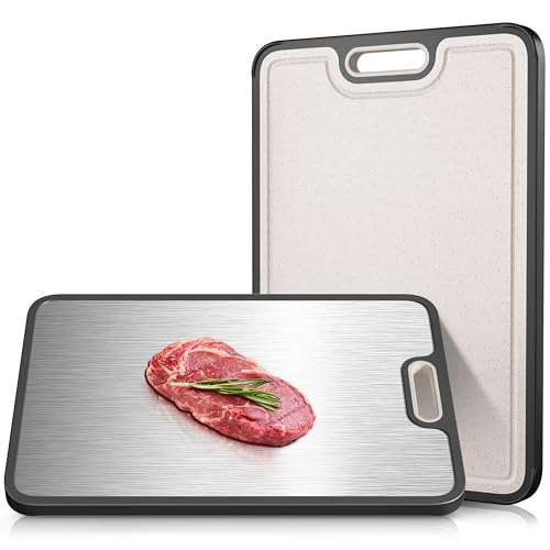 Double-Sided GR1 Titanium&Wheat Straw Cutting Board,15”*10“ Cutting Board for Kitchen, Non toxic Chopping Board for Meat & Vegetables, Non-Slip Silicone Edge, Juice Groove