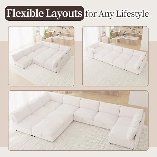 Image of Oversized Corduroy Modular Sectional Sofa Bed with Hidden Storage, Convertible L U Sleeper Couch, 10-Seat Modular Sofa Free Combination with Ottoman & Removable Covers for Living Room, White