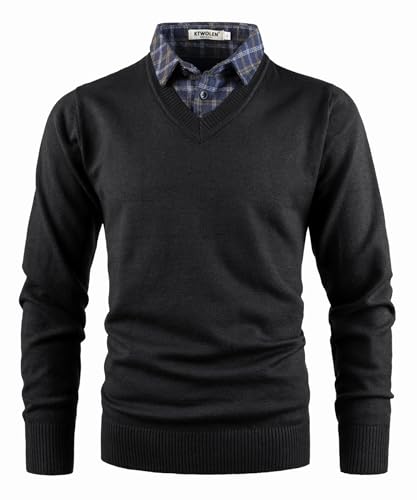 KTWOLEN Pull Homme avec Faux col de Chemise Automne Hiver Pull col Chemise à Manches Longues Pull en Tricot avec col en V, Noir, L