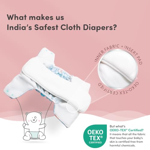 Image of Mylo Essentials Cloth Diaper for Babies 0 to 3 years | Oeko-Tex Certified | 5kg-17kg | Reusable with Adjustable Snap Button | Pack includes 3 Diaper & 3 Wet-Free Inserts-(ABC, Twinkle, Floral)