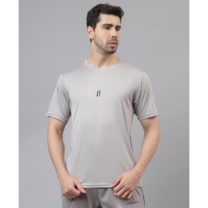 Image of ATICX Slim Fit Polyester Sports T-Shirt for Men - Round Neck Quick Dry Fit Half Sleeve Breathable Stylish Gym & Workout Tee - Lightweight Running Cycling Football Swimming Training Sportswear Top