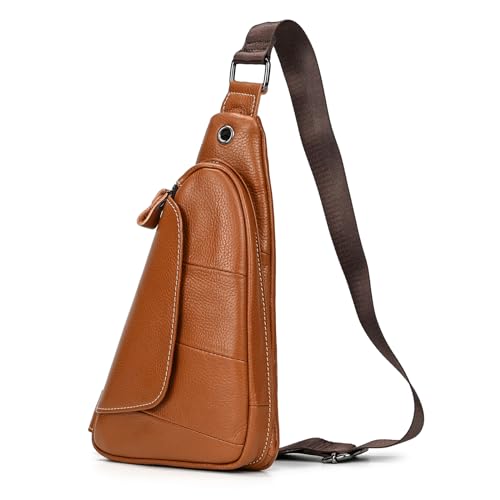 LUUFAN Men's Genuine Leather Sling Bag Chest Shoulder Backpack Crossbody Bag for Casual Sports Hiking Running Travel (Brown)