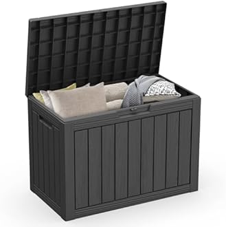 ROJIK Outdoor Storage Housing Deck Box - Waterproof Patio Furniture, Garden Tools, Cushions, Pool Accessories Storage Bench with Lockable Lid and Side Handles (Black, 45 Gal)