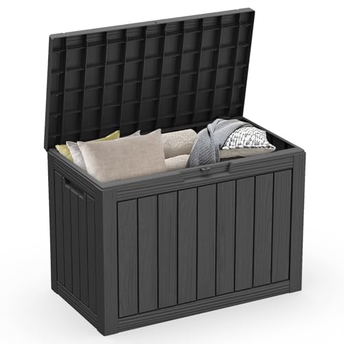 ROJIK Outdoor Storage Housing Deck Box - Waterproof Patio Furniture, Garden Tools, Cushions, Pool Accessories Storage Bench with Lockable Lid and Side Handles (Black, 45 Gal)