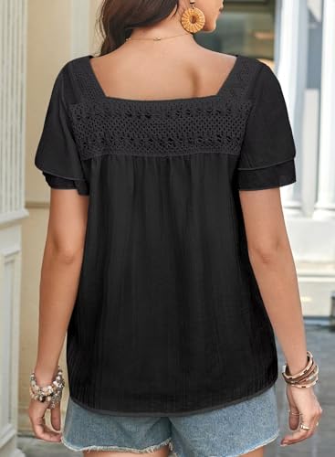 Womens Tops Summer Boho Blouses Short Sleeve Square Neck Crochet Lace Trim Casual Chiffon Shirts Double Layers3