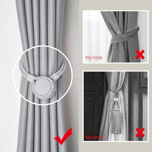 Pretty Jolly 4 Pack Strong Magnetic Curtain Tiebacks Unique Medal shape Decorative Drape Tie Backs Elegant Hand-Woven Rope Curtain Holdbacks for Home & Office Draperies Decor (Grey) - Image 2