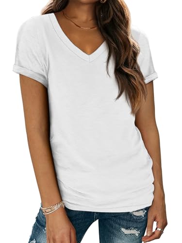 ATHMILE Women White T Shirts Short Sleeve V Neck Tees Basic Tops Comfy Casual Summer Vacation Outfits Clothes 2025 Beach