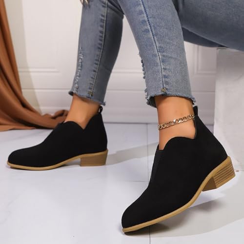 Womens Ankle Boots V Cut Out Pointed Toe Chunky Stacked Heel Dressy Classic Booties Women's Casual Work Comfortable Dress Low Heels Short Boots Fashion Pull On Ankle Booties for Women2