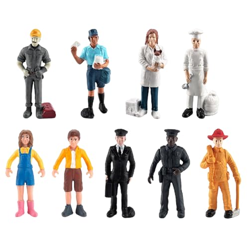9 Pcs Miniature People Figurines Cake Toppers Realistic Detailed Policeman Pilot Fireman Mailman Chef Figurine Model Hand Painted People Action...