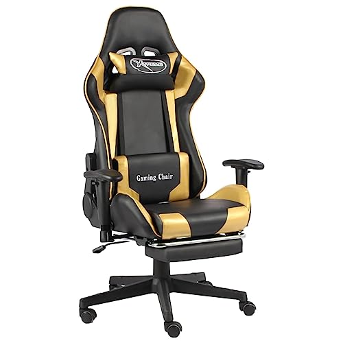 KUREOVDG Silla para videojuegos de PVC dorada con reposapiés, silla giratoria para ordenador con respaldo alto, asiento acolchado ergonómico, 2 cojines para cabeza y cintura, altura ajustable
