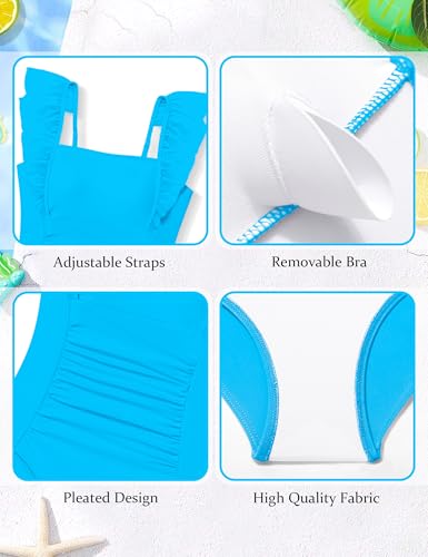 Image of NECIOUS Girls Swimsuit Ruffle Adjustable Straps One Piece Bathing Suit Solid Color Ruched Girls' Swimwear 9-16Y