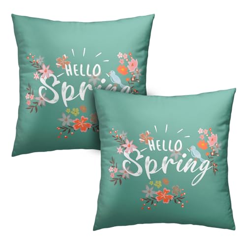 Kwlegh Hello Spring Lot de 2 housses de coussin décoratives pour canapé, lit, salon – Motif floral rose – Oiseau bleu vert – 45,7 x 45,7 cm