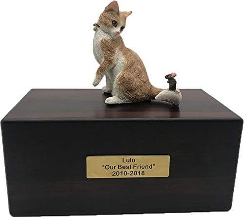 Personalized Rosewood Custom Pet Ashes Urn with Statue Customisable Engraved Nameplate for Dog and Cat Name and Date Pets Box Cremation Funeral Keepsake Urns for Dogs Cats Memorial Ashes (Tabby)