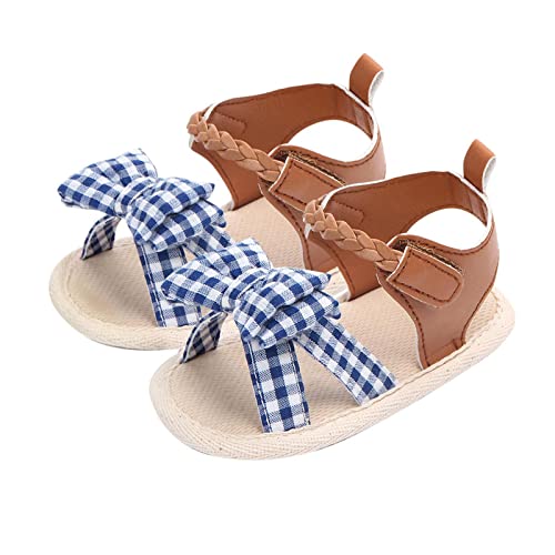 Infant Girls Open Toe Plaid Bowknot Shoes First Walkers Shoes Summer Toddler Flat Sandals Soccer Slippers (Blue, 5 Infant)