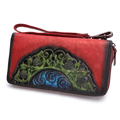 IVTG Genuine Leather Wallets for Women Long Purse Vintage Embossing Cowhide Handmade Small Clutch (Red)