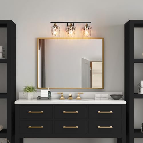 Image of KSANA Black and Brass Vanity Light, Modern Black Gold Bathroom Light Fixtures with Water Textured Glass Shade, 3-Light Bathroom Lighting Over Mirror