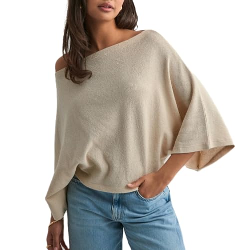 Women Poncho Sweater Off Shoulder Boat Neck Long Sleeve Oversized Sweater Top Shawl Wraps Knit Top