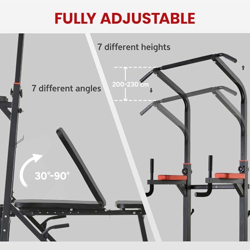 HOMCOM Pull Up Station with Adjustable Weight Bench, Dip Station and Barbell Rack, Multi-Function Power Tower Free Standing Pull Up Bar for Home Gym - Image 4