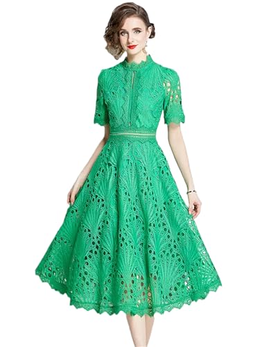 Image of Womens Vintage High-End O-Neck Short Sleeve Lace Hollow Out Dress Slim Elegant Long Dress
