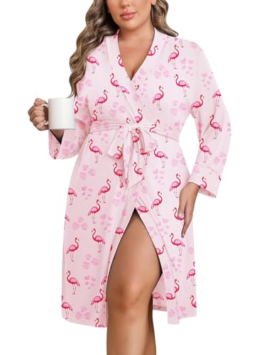 Image of Ekouaer Women Plus Size Robe Knee Length Lightweight Bathrobe Short Kimono Robes with Pockets Maternity Robe