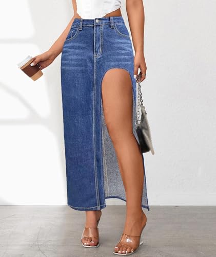SEMATOMALA Women's Thigh High Split Maxi Denim Skirt High Waisted Cut Out High Low Asymmetrical Jeans Long Skirts4