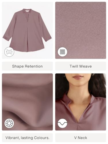 Image of SAADAA Top for Women, Viscose Pleated Tops, V-Neck with a Collar, 3 /4 Sleeve Length, Office & Casual Wear