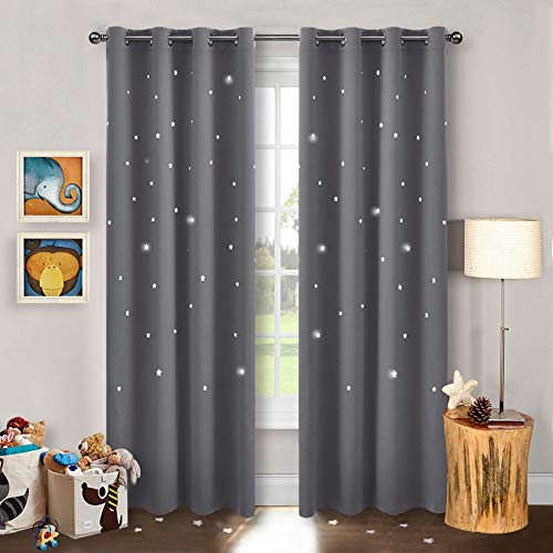 PONY DANCE Cortinas Grises Moderno - Cortina con Estrellas Estampada con Ojales para Dormitorio Infantil, 2 Paneles, 132 x 240 cm