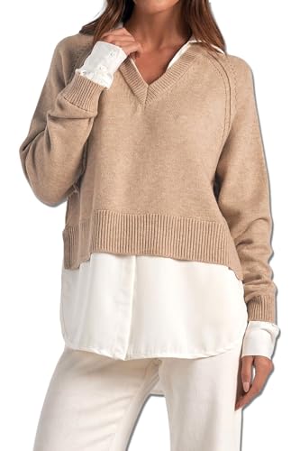Elan Women's Long Sleeve Sweater Shirt (Taupe, Small)