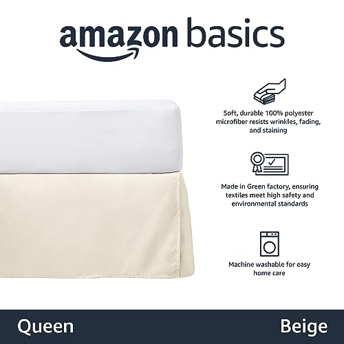 Image of Amazon Basics Lightweight Pleated Bed Skirt, Queen, Beige, Wrinkle Resistant, Fade Resistant, Machine Washable