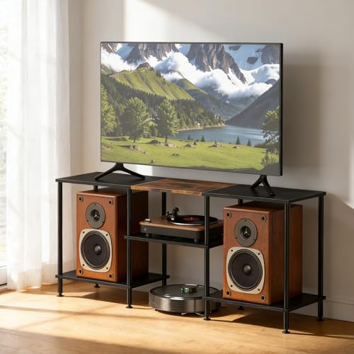 UOMIO Mueble industrial para TV, mesa de televisión de 114 x 30 x 49 cm con gran espacio de almacenamiento, gabinete de TV con 3 estantes abiertos, para televisores de hasta 50 pulgadas, estructura de