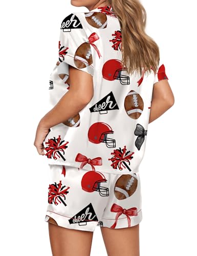 Image of SHESHOW Pajamas for Women Set Satin Button Down Short Sleeve Top and Shorts Pjs Sets Sport Ball Print Sleepwear XS-XXL