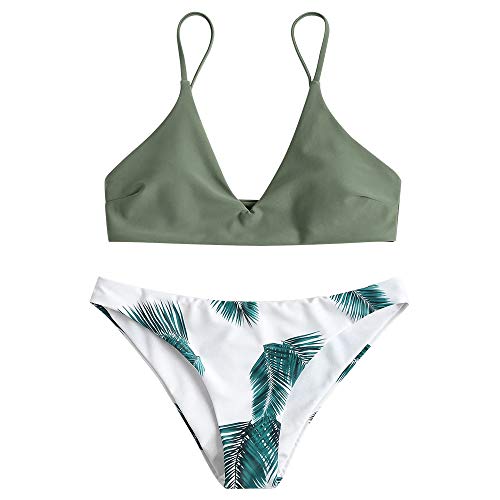 ZAFUL Women's Swimsuit Leaf Print Padded Bathing Suits Adjustable Straps Bikini Set Camouflage Green L