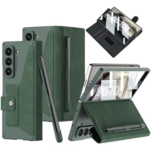 DEMCERT for Samsung Galaxy Z Fold 6 Case with S-Pen Slot, Military Armor Cases Full Body Protective, [Removable Pen Slot], Anti-Scratch Hard Slim Leather Bracket Case with Screen Protector(Green) Cover