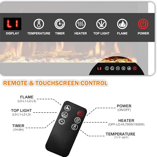 Image of 50-Inch Electric Fireplace, Recessed or Wall-Mounted Linear Heater, Ultra-Slim Frame, 1500W, 3 Flame Colors and 3 Top Lights, Log and Crystal Media, Remote, 1-9H Timer