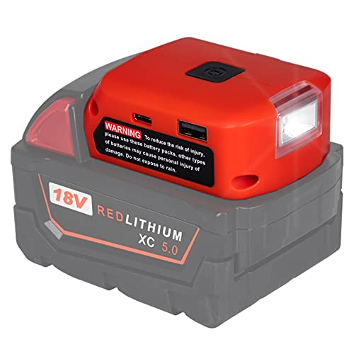 Battery Adapter for Milwaukee 18V Lithium Battery with USB C+USB Charger & 12V DC Output & Upgraded LED Working Flash Light - Power Source Supply for Milwaukee Lithium-ion Battery (Tool ONLY)