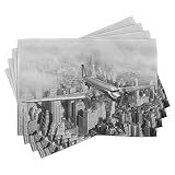 ABAKUHAUS Clásico Salvamantel Set de 4 Unidades, Vuelo Plano en Nueva York, Material Lavable Estampado Decoración de Mesa Cocina, En Blanco y Negro